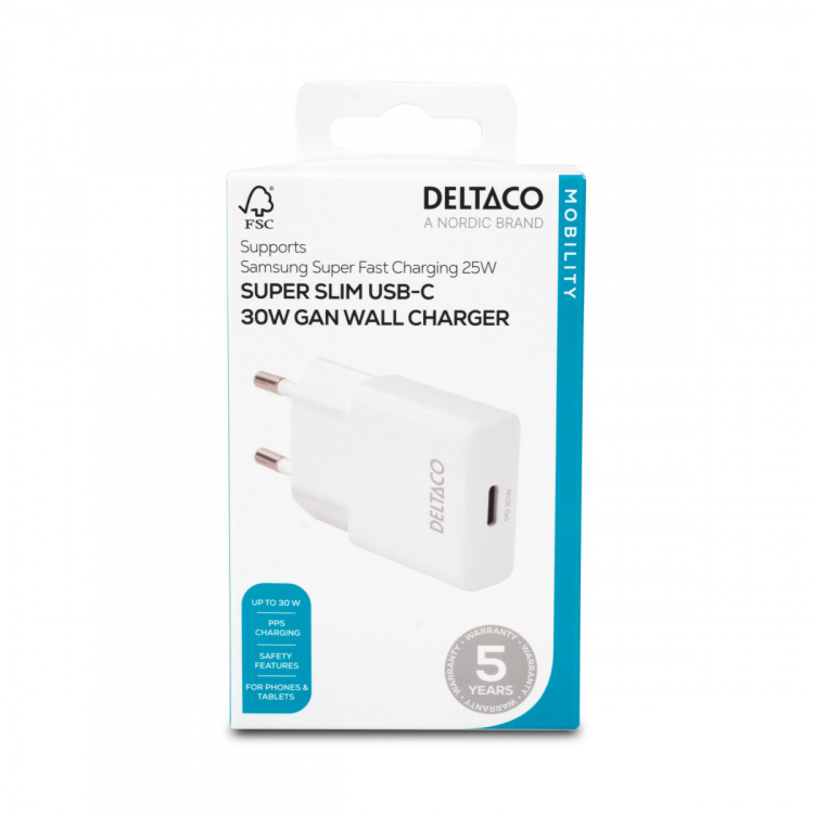 DELTACO USB-C väggladdare, 1x USB-C PD 30 W, slimmad storlek, stödjer PPS