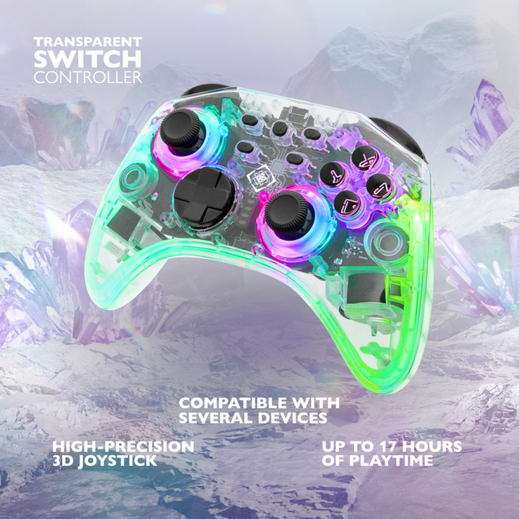 DELTACO Nintendo Switch Controller, transparent, RGB, makroknappar