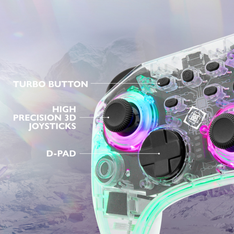 DELTACO Nintendo Switch Controller, transparent, RGB, makroknappar