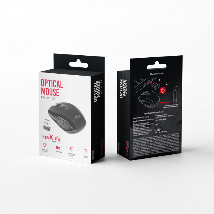 Maxlife trådlös optisk mus 800/1000/1600 DPI, Svart