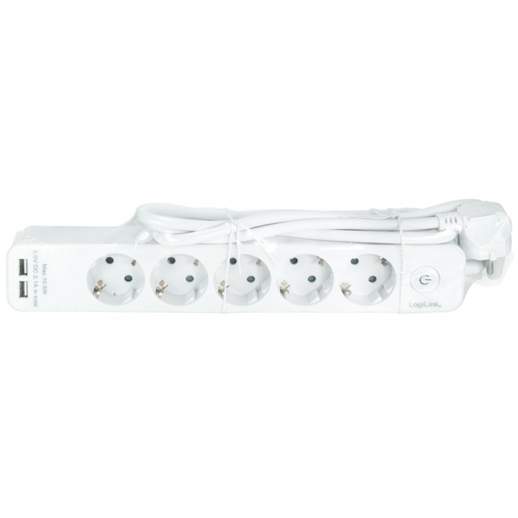 LogiLink Grenuttag 5-vägs + 2st USB m brytare 1,5m Vit