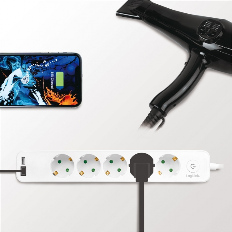 LogiLink Grenuttag 5-vägs + 2st USB m brytare 1,5m Vit