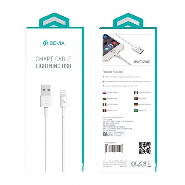 Devia Smart, Lightningkabel (2,1A), 1m, Vit Devia Smart, Lightningkabel (2,1A), 1m, Vit