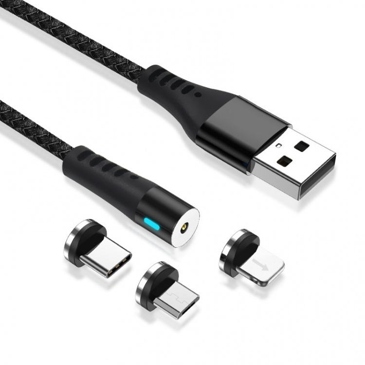 Maxlife MXUC-02 Magnetisk 3i1-Laddkabel (Lightning/USB-C/microUSB) Fast Charge (2A), Svart