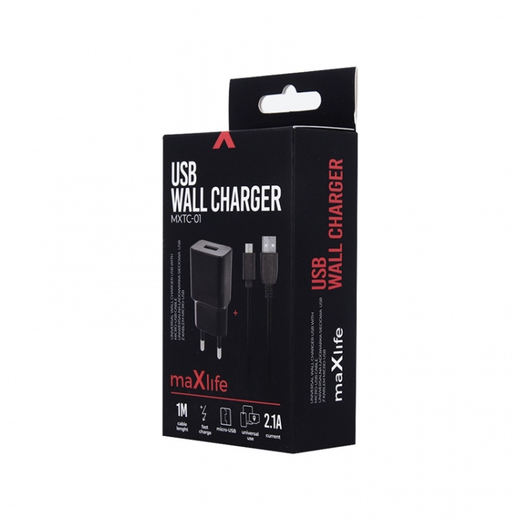 MXTC-01 Väggladdare USB, Fast Charge (2.1A) + microUSB-kabel, Svart