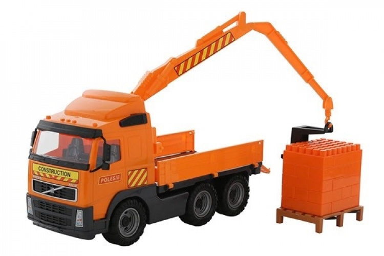 Volvo Lastbil med Kran + tegelstenar på pall 450x190x250mm