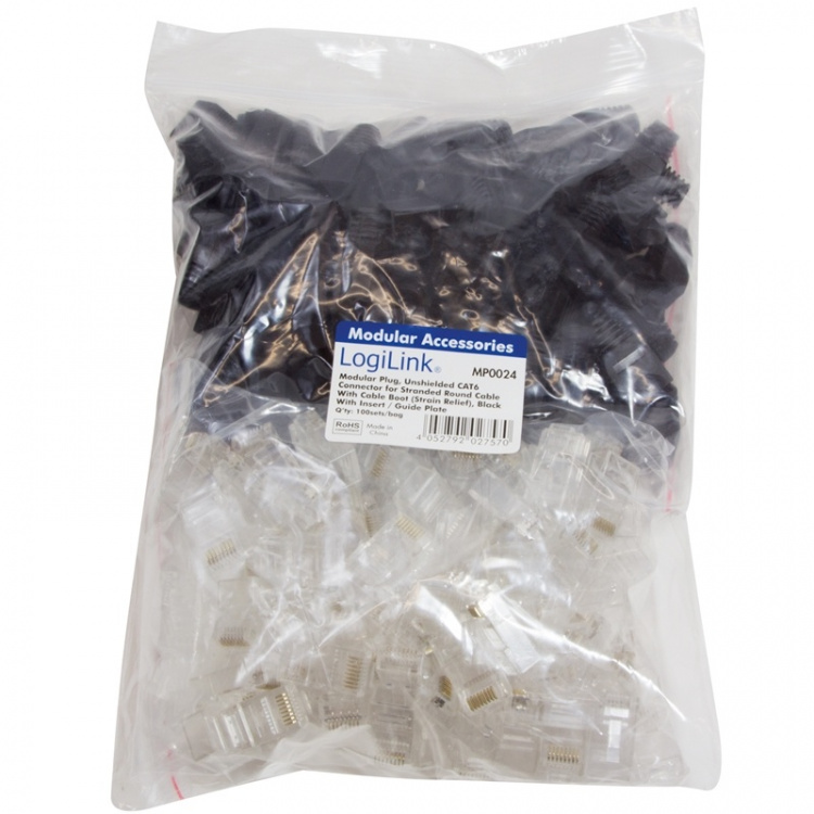 LogiLink Modularkontakt RJ45 CAT6 Oskärmad + Böjskydd 100-pack Svart LogiLink Modularkontakt RJ45 CAT6 Oskärmad + Böjskydd 100-pack Svart
