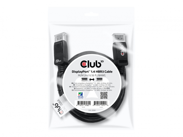 CLUB3D DisplayPort 1.4 HBR3 Cable 2m/6.56ft M/M 8K60Hz CLUB3D DisplayPort 1.4 HBR3 Cable 2m/6.56ft M/M 8K60Hz