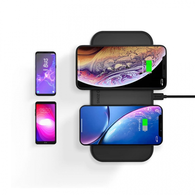Zens Dual Alu. QI Laddare + USB-A out 10W inkl 30W USB-C PD Svart