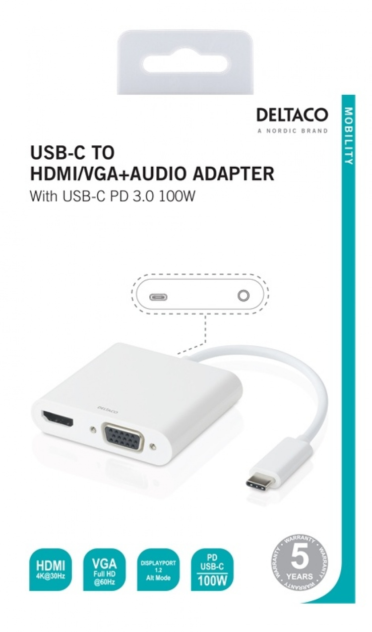 DELTACO USB-C dockningsstation, HDMI/VGA/USB-C, 100W USB-C PD 3.0, vit DELTACO USB-C dockningsstation, HDMI/VGA/USB-C, 100W USB-C PD 3.0, vit