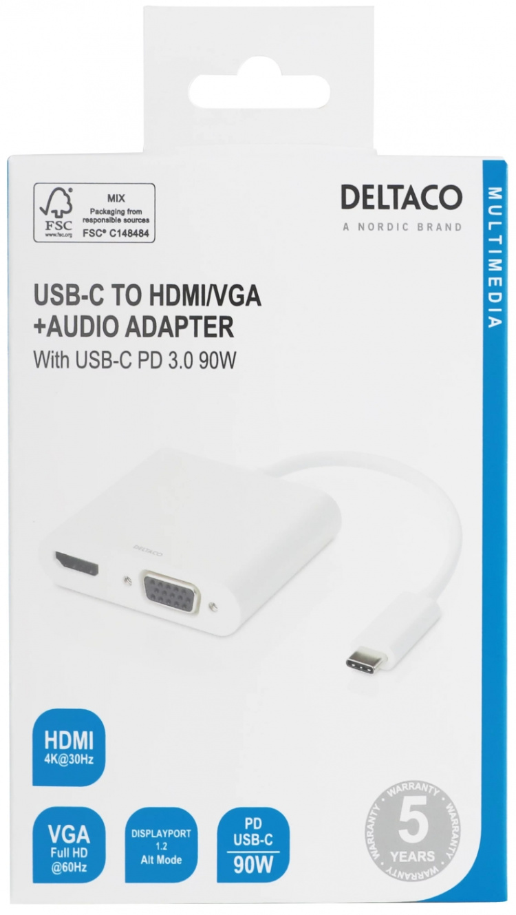 DELTACO USB-C dockningsstation, HDMI/VGA/USB-C, 100W USB-C PD 3.0, vit DELTACO USB-C dockningsstation, HDMI/VGA/USB-C, 100W USB-C PD 3.0, vit