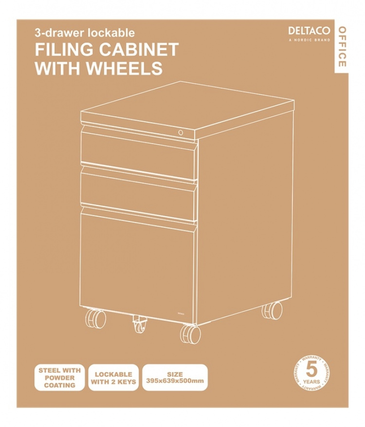 DELTACO Office, Cabinet on wheels with lock, 3 drawers, white DELTACO Office, Cabinet on wheels with lock, 3 drawers, white