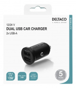 DELTACO 12/24 V USB-billaddare med dubbla USB-A portar, 24 W svart