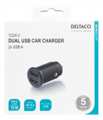 DELTACO 12/24 V USB-billaddare, dubbla USB-A portar, 2.4 A, 12 W, svar