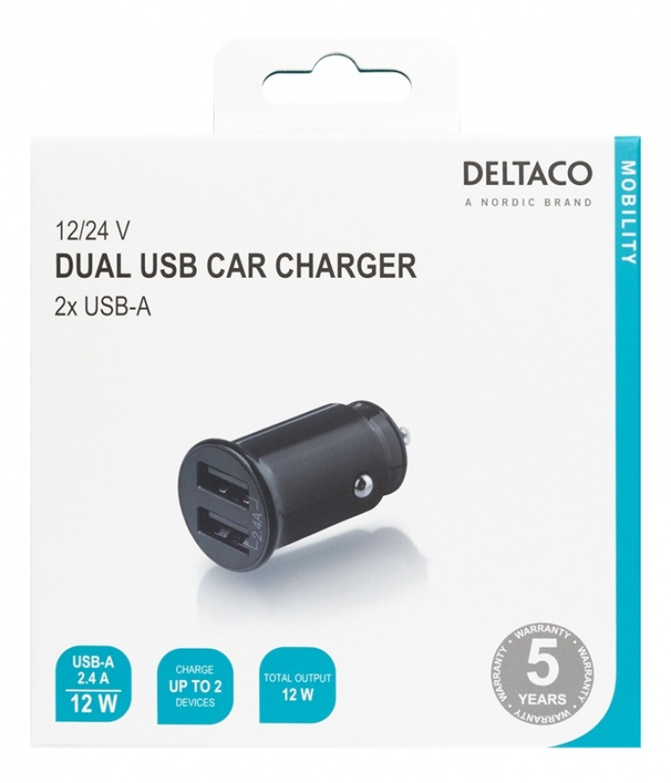 DELTACO 12/24 V USB-billaddare, dubbla USB-A portar, 2.4 A, 12 W, svar