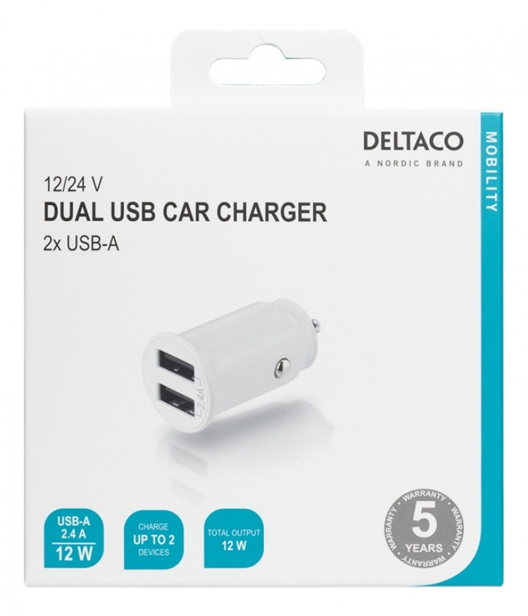 DELTACO 12/24 V USB-billaddare, dubbla USB-A portar, 2.4 A, 12 W, vit