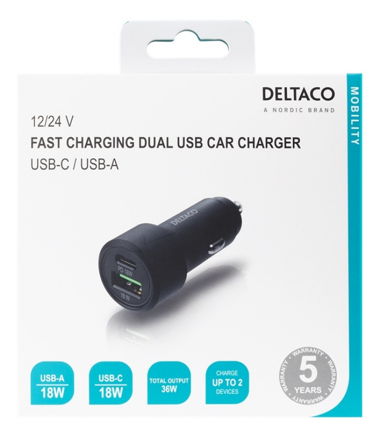 DELTACO USB car charger, 1x USB-C, PD 18 W, 1x USB-A, 18 W, 36W, metal