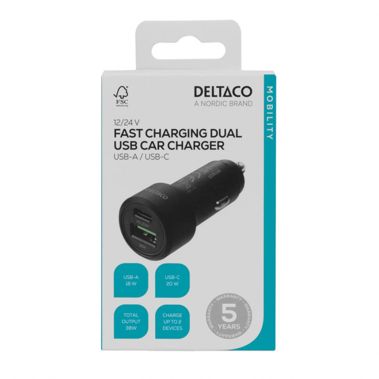 DELTACO USB car charger, 1x USB-C, PD 18 W, 1x USB-A, 18 W, 36W, metal