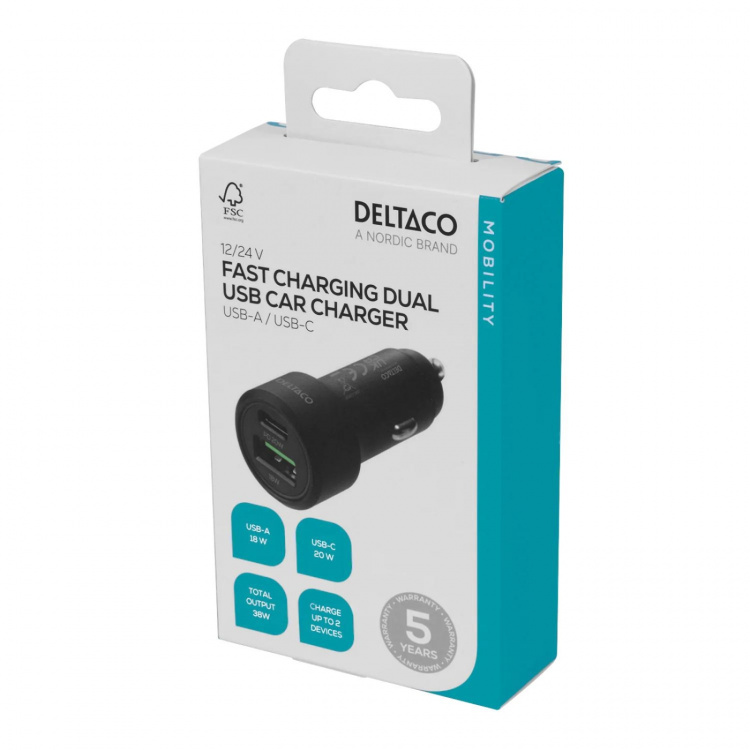 DELTACO USB car charger, 1x USB-C, PD 18 W, 1x USB-A, 18 W, 36W, metal