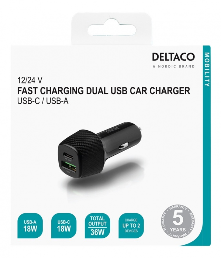 DELTACO USB car charger, 1x USB-C, PD 18 W, 1x USB-A, 18 W, total 36 W