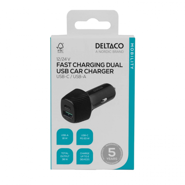 DELTACO USB car charger, 1x USB-C, PD 18 W, 1x USB-A, 18 W, total 36 W