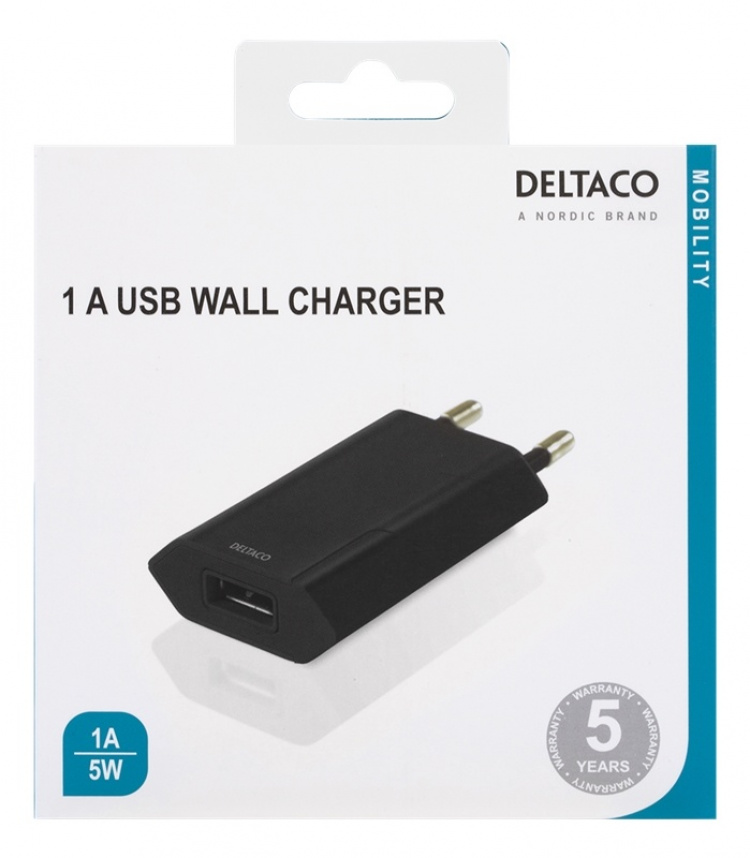 DELTACO USB-väggladdare, 1x USB-A, 1A, 5W