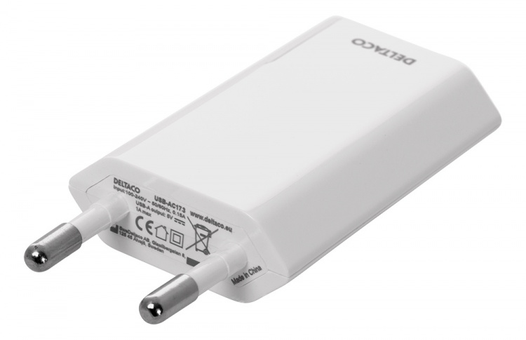 DELTACO USB wall charger, 1x USB-A, 1 A, 5 W, white