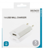 DELTACO USB wall charger, 1x USB-A, 1 A, 5 W, white
