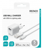 DELTACO USB wall charger, USB-A, 2,4 A, incl. 1 m USB-A to Lightning