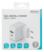 DELTACO USB-väggladdare med dubbla portar, 1x USB-A, 1x USB-C, 17 W, v