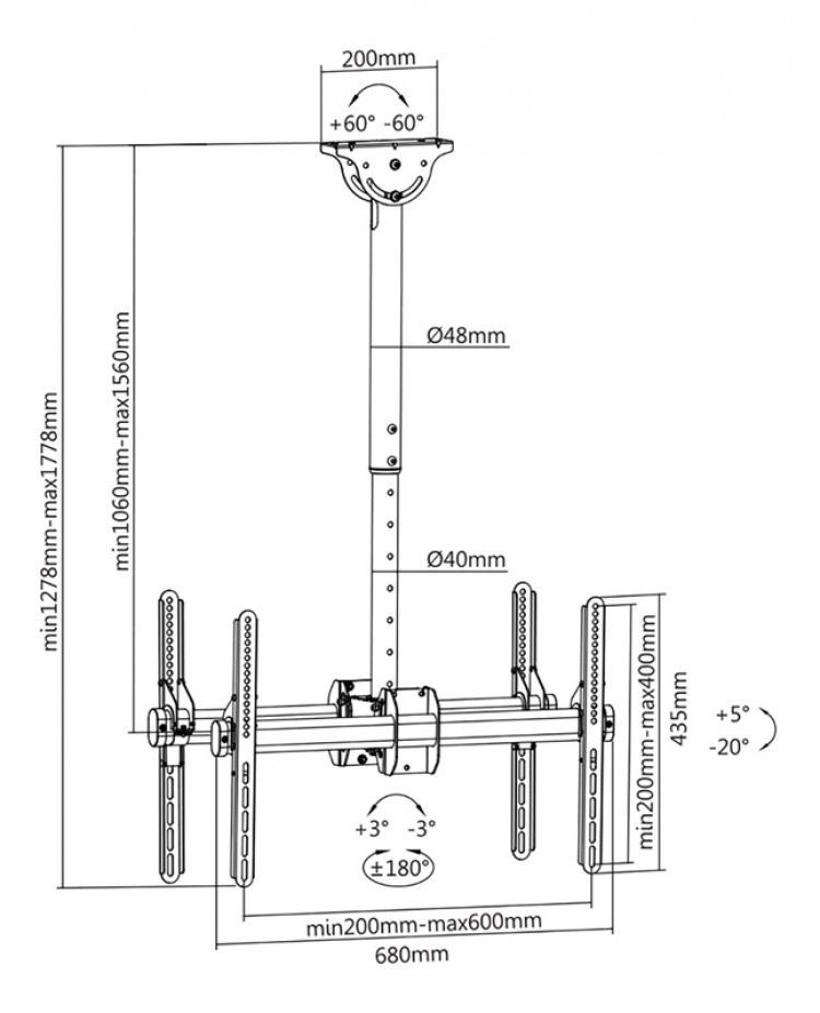 DELTACO Office Telescopic Double TV Ceiling,1060mm-1560mm,45kg,37