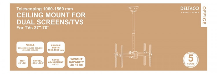DELTACO Office Telescopic Double TV Ceiling,1060mm-1560mm,45kg,37