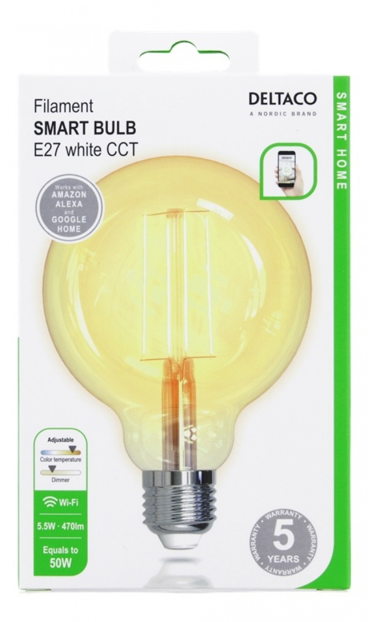 DELTACO SMART HOME FILAMENT LED-lampa, E27, WiFI, 5.5W, 1800K-6500K