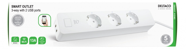 DELTACO SMART HOME grenuttag, WiFi, 3xCEE 7/3, 2xUSB-A, 1,5m, vit