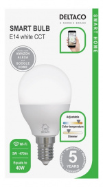 DELTACO SMART HOME LED-lampa, E14, G45, WiFI, 5W, dimbar, vit