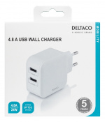 DELTACO Väggladdare med dubbla USB-A portar, 4,8 A, 24 W, vit DELTACO Väggladdare med dubbla USB-A portar, 4,8 A, 24 W, vit