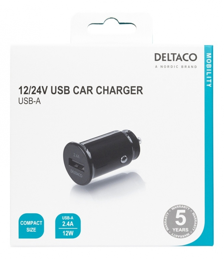 DELTACO 12/24 V USB-billadare med kompakt storlek och 1x USB-A port, 2 DELTACO 12/24 V USB-billadare med kompakt storlek och 1x USB-A port, 2