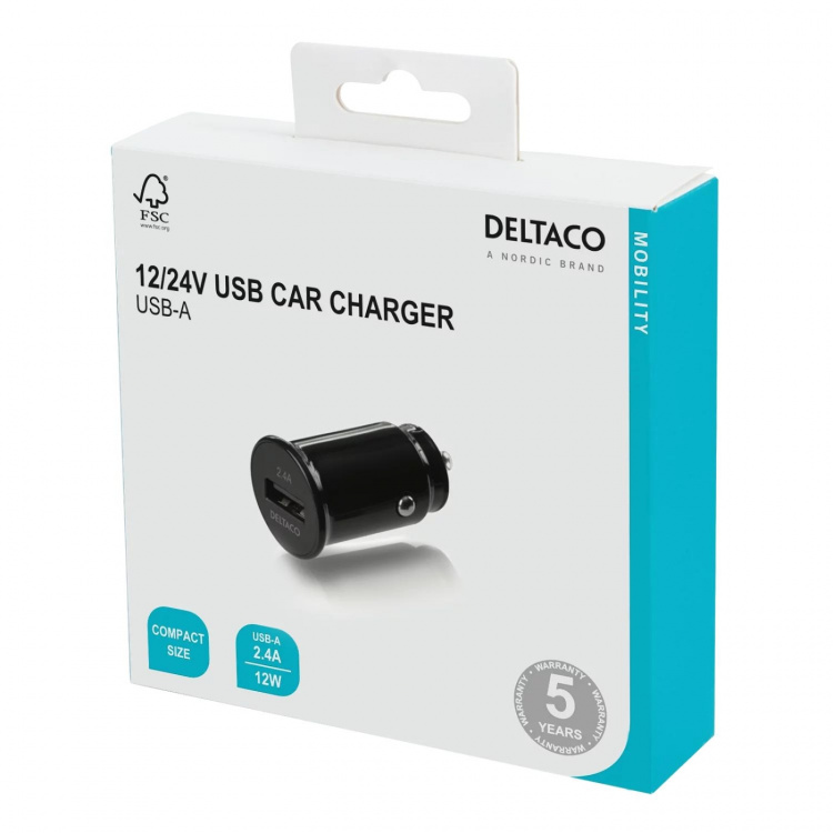 DELTACO 12/24 V USB-billadare med kompakt storlek och 1x USB-A port, 2 DELTACO 12/24 V USB-billadare med kompakt storlek och 1x USB-A port, 2