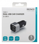 DELTACO USB car charger, 2x USB-A, 2,4 A, total 17 W