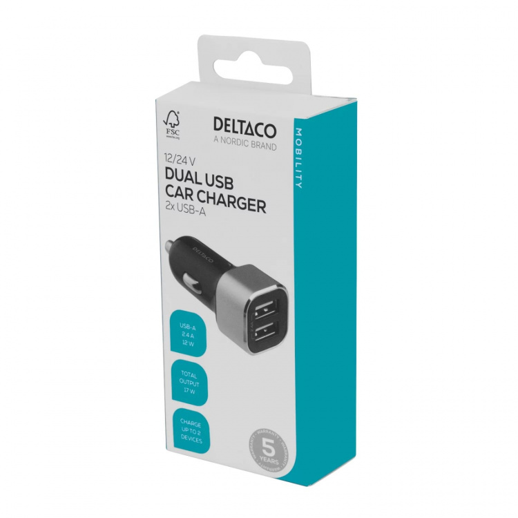 DELTACO USB car charger, 2x USB-A, 2,4 A, total 17 W
