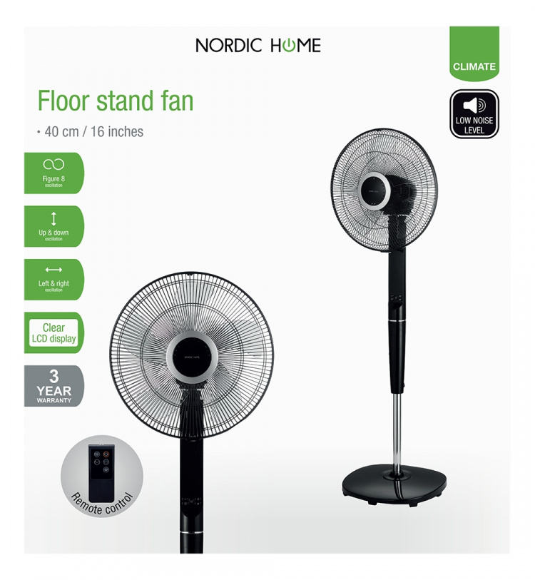 Nordic Home Golvfläkt med fjärrkontroll, 40 cm, låg ljudnivå, timerfunktion, Svart