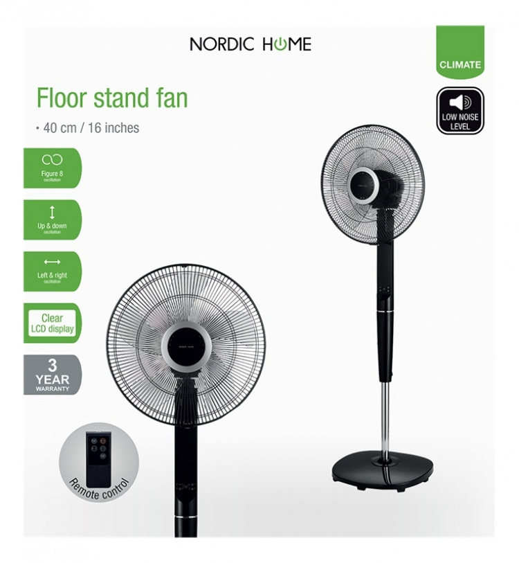 Nordic Home Golvfläkt med fjärrkontroll, 40 cm, låg ljudnivå, timerfunktion, Svart