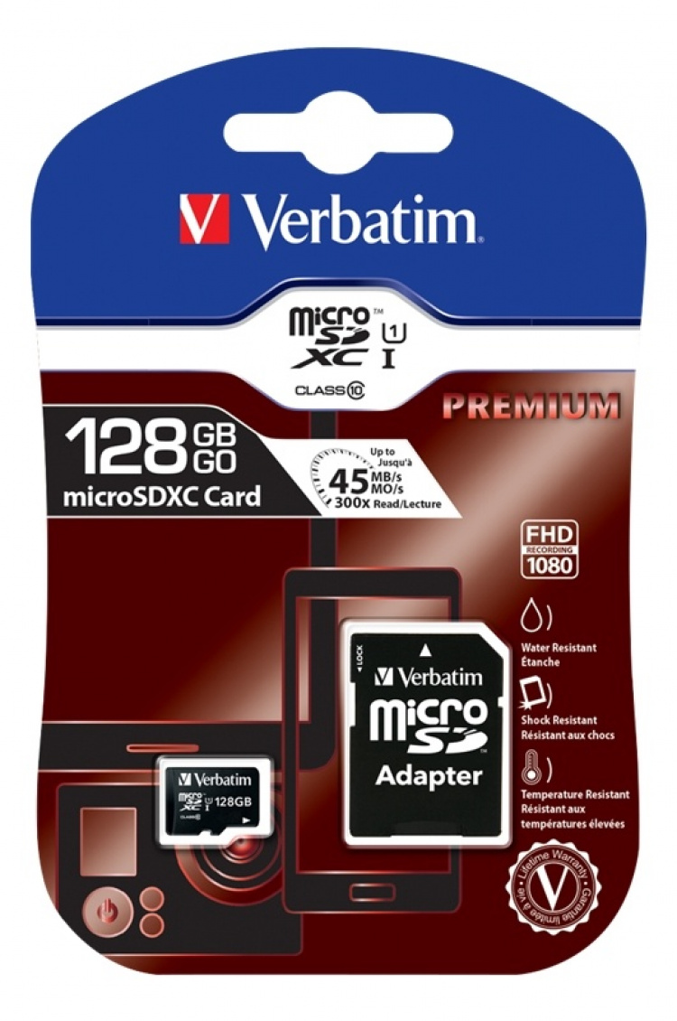 Verbatim microSDXC-kort, 128GB, inkl.adapter, class 10