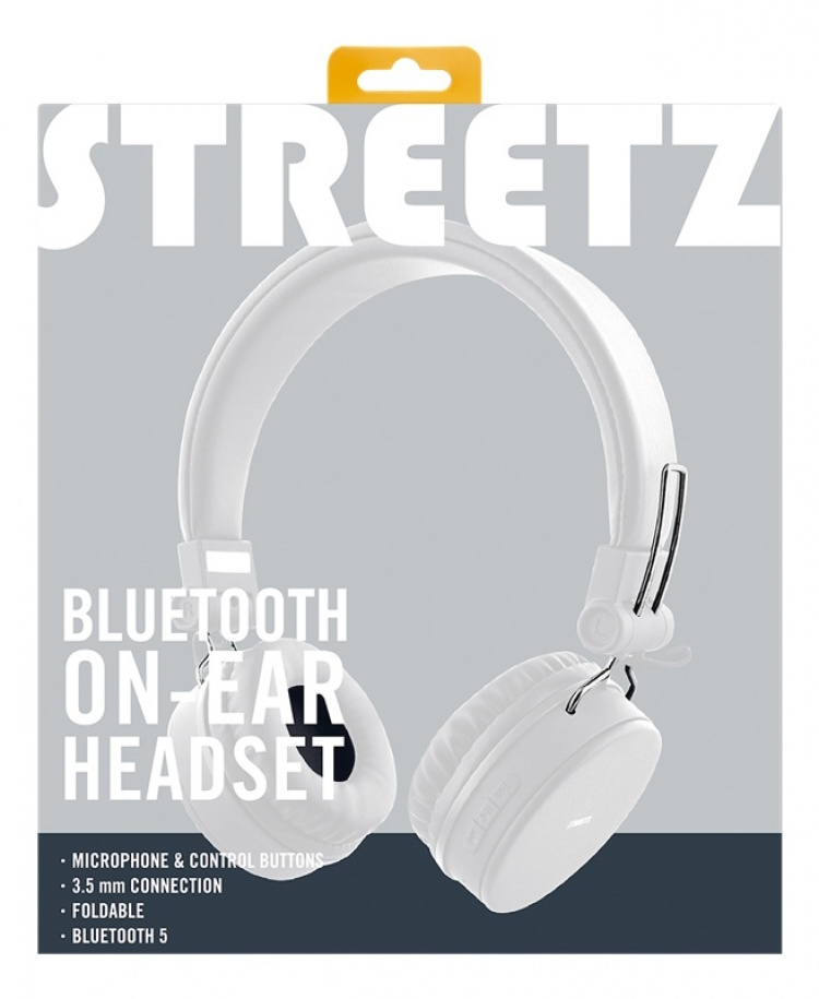 STREETZ Vikbart on-ear BT headset, 3.5 mm, vit STREETZ Vikbart on-ear BT headset, 3.5 mm, vit