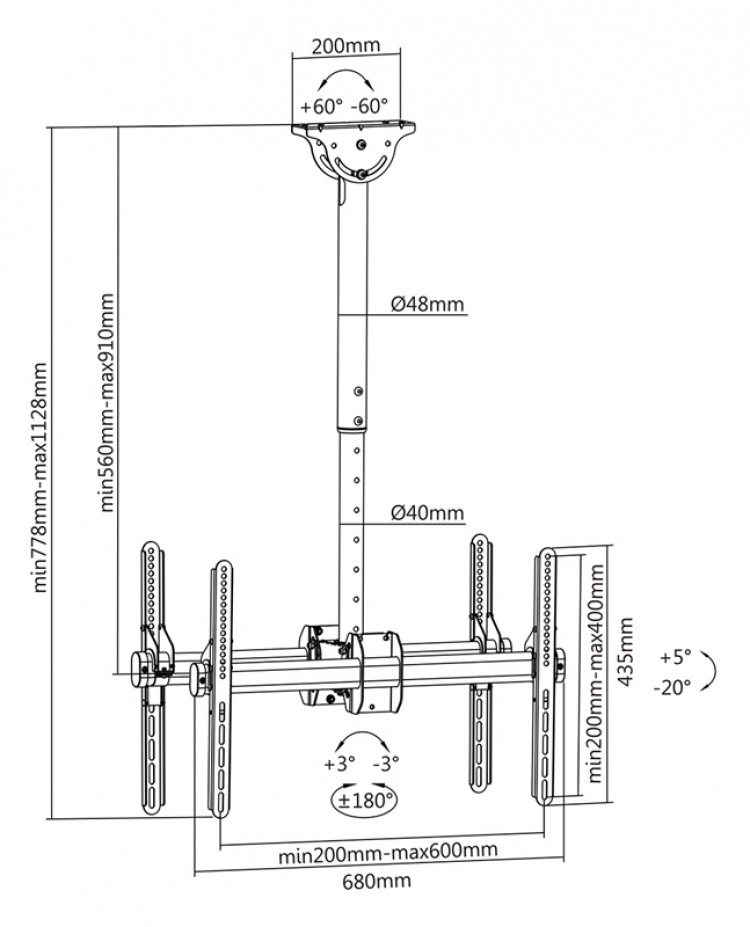 DELTACO Office Telescopic Double TV Ceiling, 560mm-910mm,45kg,37 DELTACO Office Telescopic Double TV Ceiling, 560mm-910mm,45kg,37