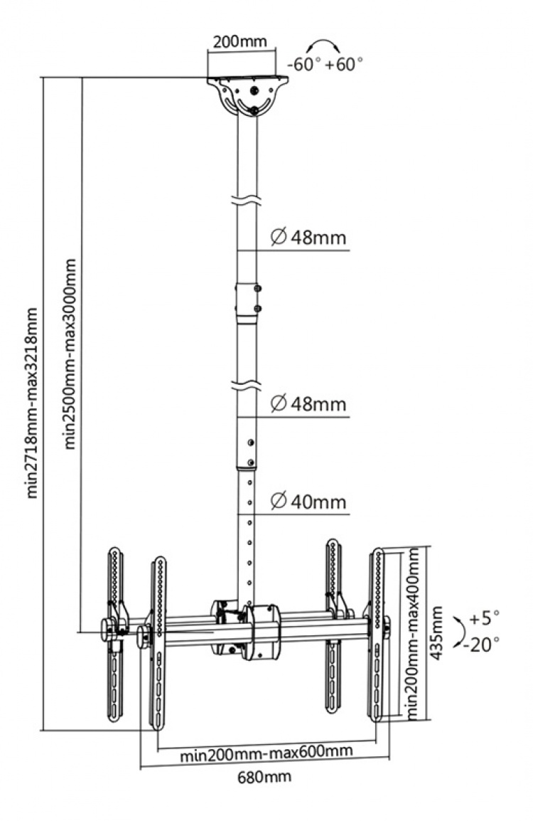 DELTACO Office Telescopic Double TV Ceiling,2500mm-3000mm,45kg,37 DELTACO Office Telescopic Double TV Ceiling,2500mm-3000mm,45kg,37