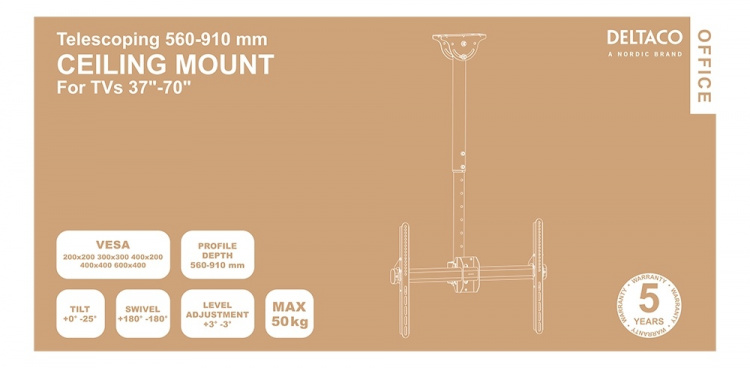 DELTACO Office Telescopic Single TV Ceiling, 560mm-910mm,50kg,37