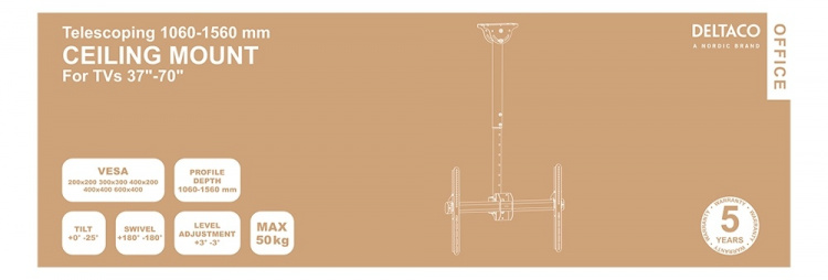 DELTACO Office Telescopic Single TV Ceiling,1060mm-1560mm,50kg,37