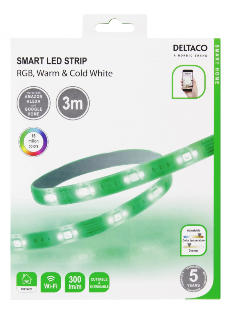 DELTACO SMART HOME LED-list, RGB, 2700K-6500K, 3m, WiFi 2,4GHz, vit DELTACO SMART HOME LED-list, RGB, 2700K-6500K, 3m, WiFi 2,4GHz, vit