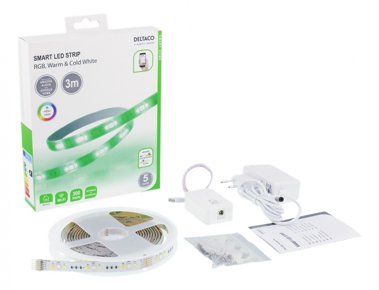 DELTACO SMART HOME LED-list, RGB, 2700K-6500K, 3m, WiFi 2,4GHz, vit DELTACO SMART HOME LED-list, RGB, 2700K-6500K, 3m, WiFi 2,4GHz, vit